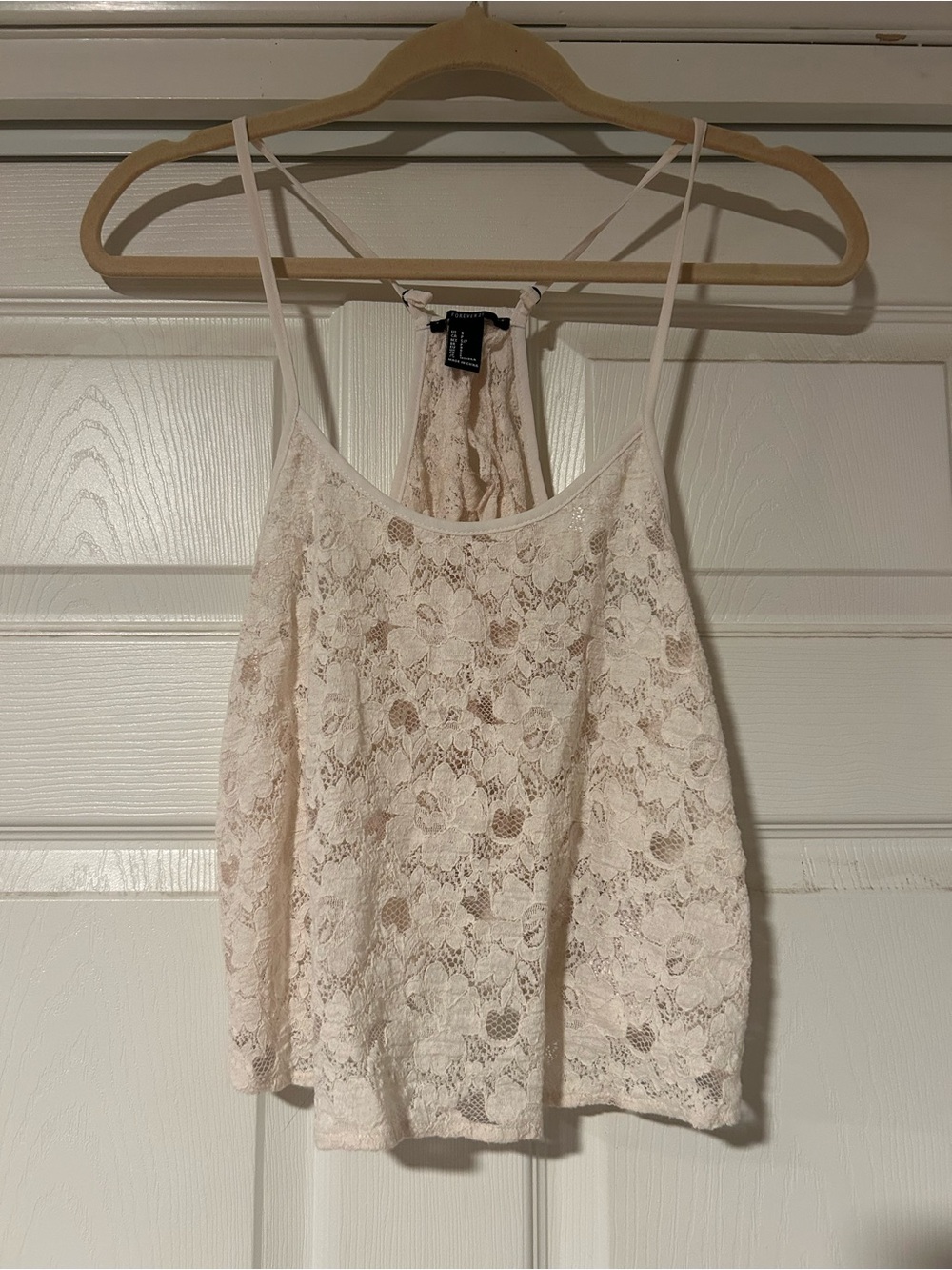 Forever 21 Women Teen Floral Cream Lace Crop open back spaghetti tank - Small
